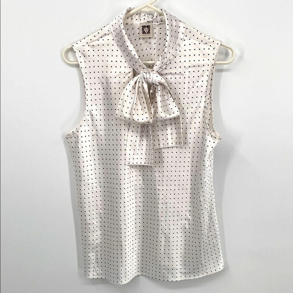 Anne Klein White Sleeveless Blouse with Black Polka Dots and Tie Front Size L